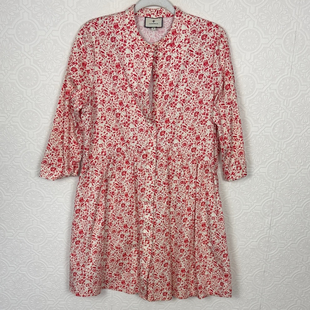 Tuckernuck Red Floral Button Front Dress Medium Cotton Blend Dress‎ Long Sleeve